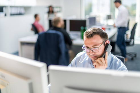 Mitarbeiter bei der Arbeit am PC und Telefoniert